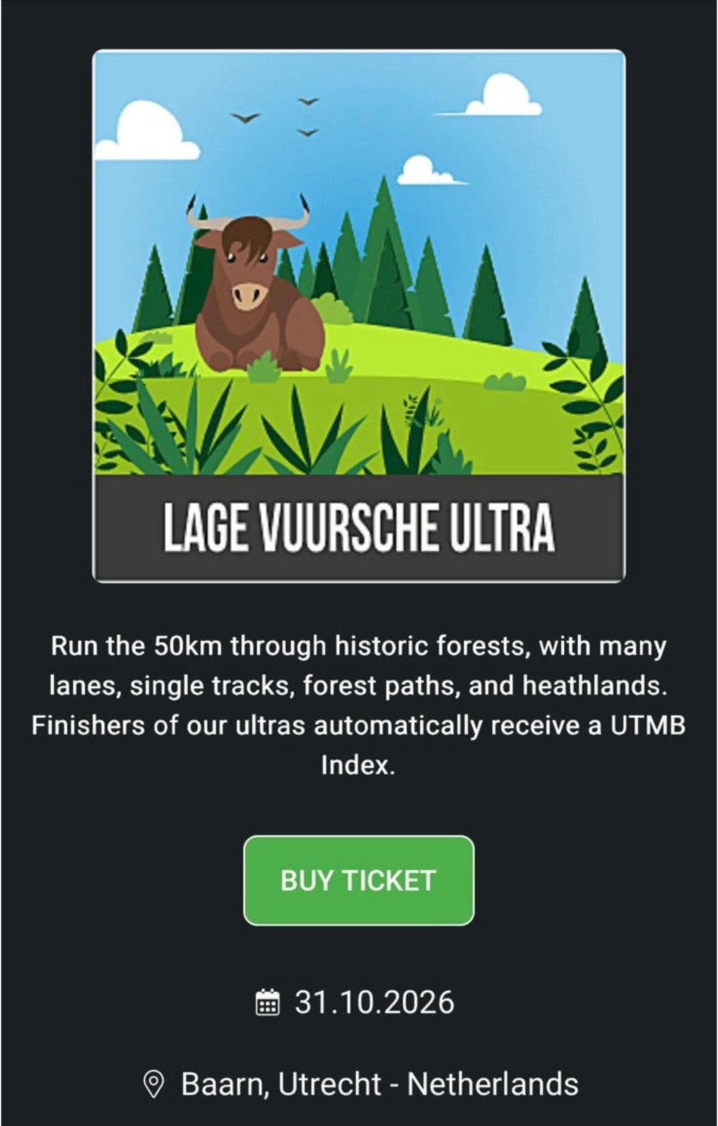 Gezocht - Startbewijs Lage Vuursche Trail 50K op 31/10, Eén persoon, Oktober