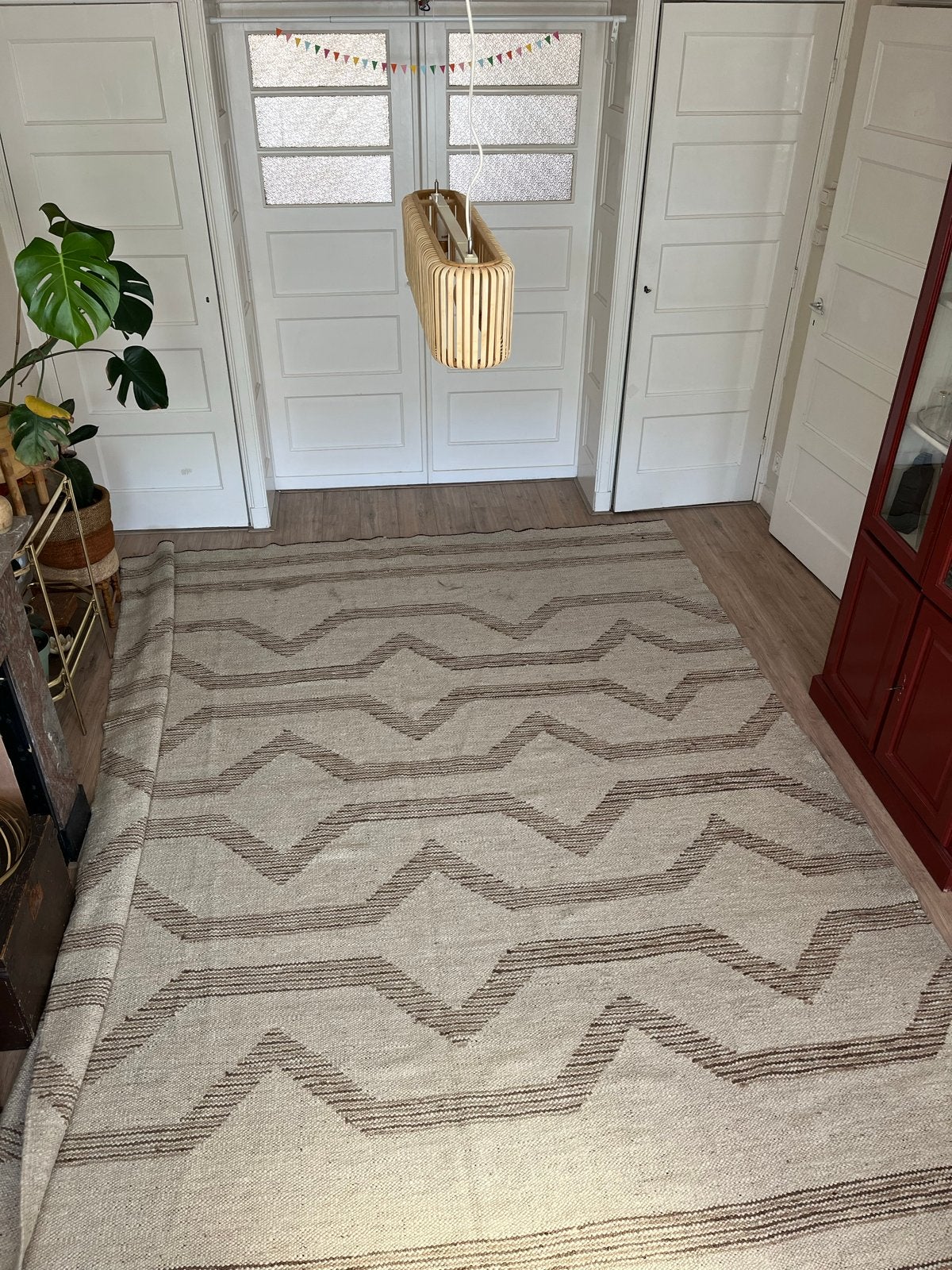 Groot handgeweven wolle kelim vloerkleed beige patroon, Ophalen, Gebruikt, Beige, 200 cm of meer