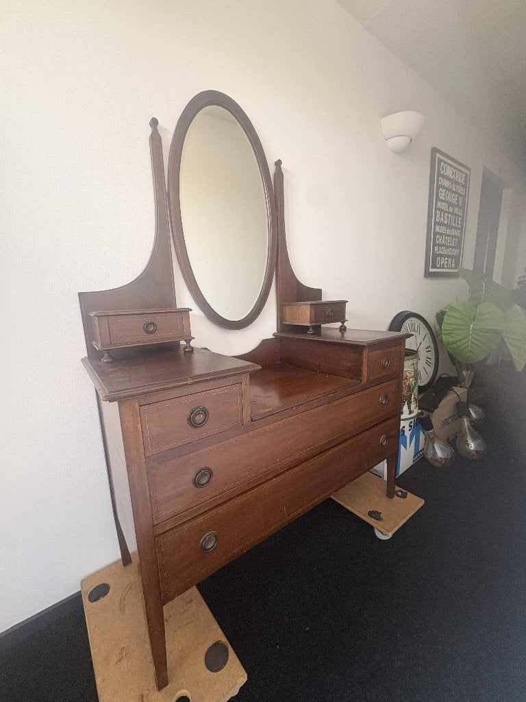Antieke Edwardian kaptafel met ovale kantelspiegel, Ophalen, Gebruikt, 100 tot 150 cm, 150 tot 200 cm