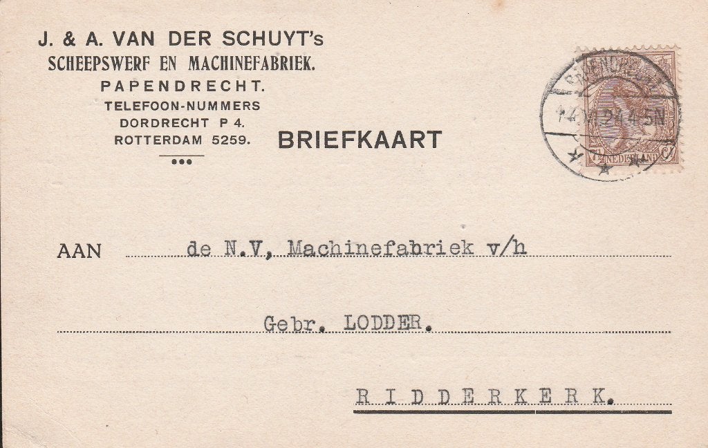 PAPENDRECHT 1924 J & A vdr SCHUYT's Scheepswerf+Machinefabr, Ophalen of Verzenden, 1920 tot 1940, Gelopen, Zuid-Holland