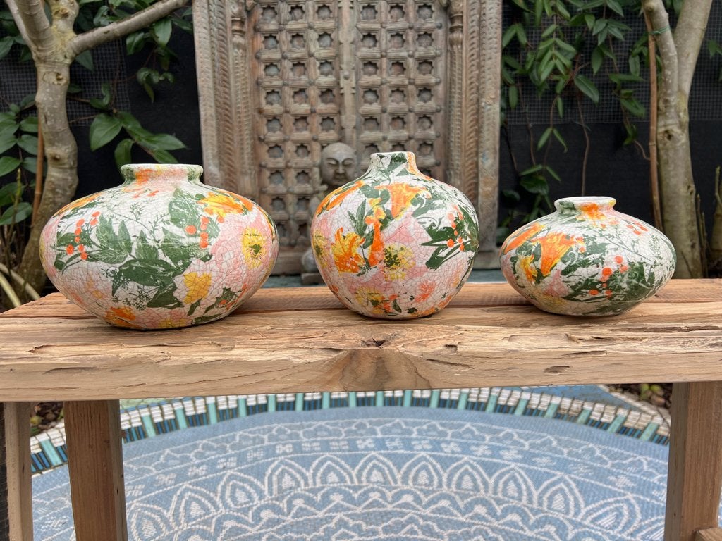 Aardewerk craquelé vaas bloemen oranje groen, Verburgt Vintage, Handgemaakt, Meerkleurig, Nieuw