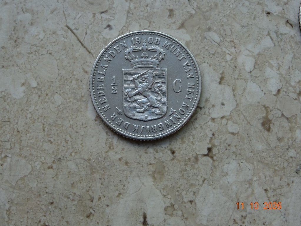 1/2 gulden 1908, Postzegels en Munten, ½ gulden, Zilver, Ophalen of Verzenden, Koningin Wilhelmina