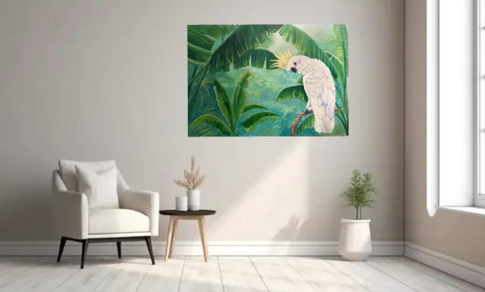 Schilderij jungle met kaketoe, Acrylverf, Ophalen of Verzenden, Dieren, Ophangklaar