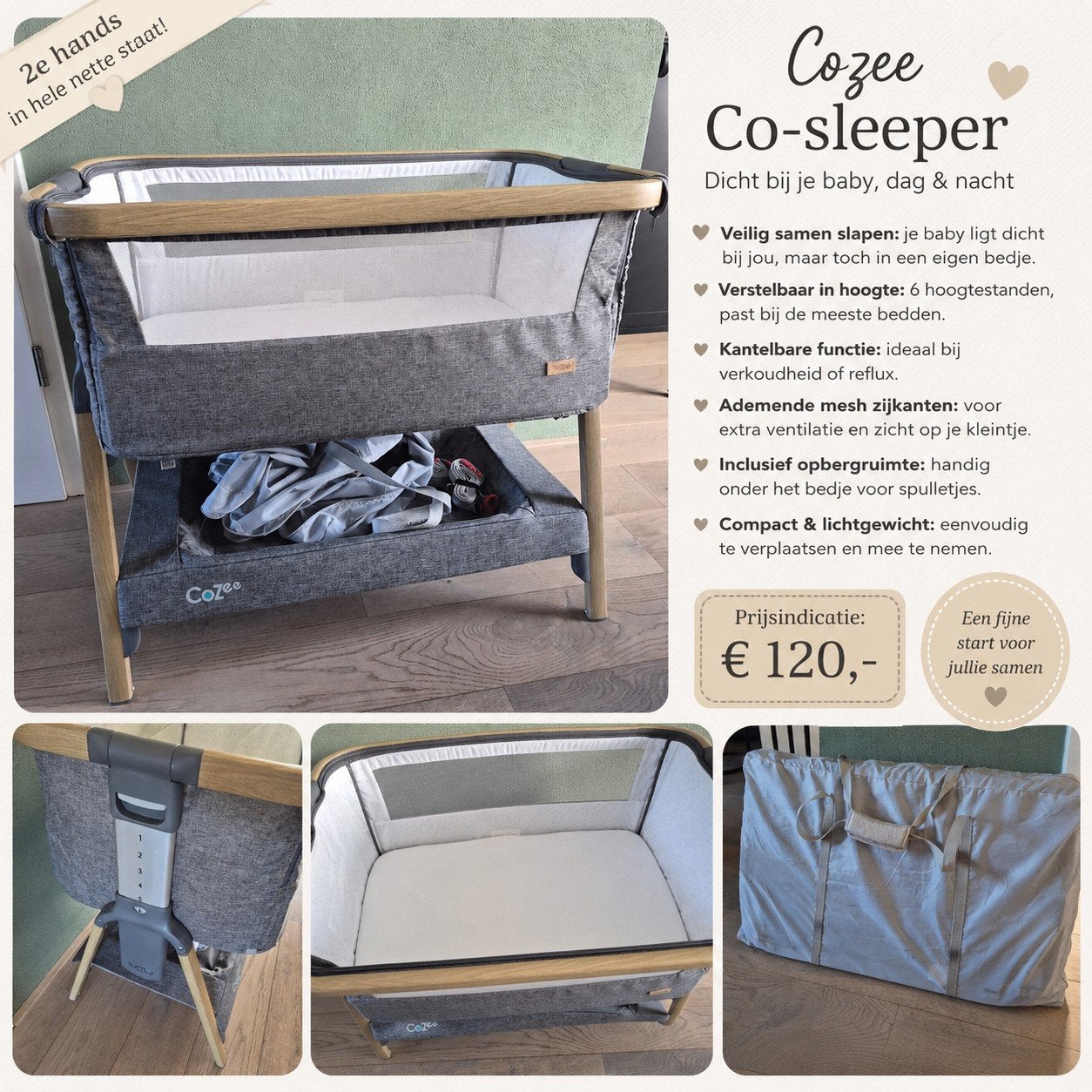 Tutti Bambini CoZee co-sleeper – zeer nette staat, Ophalen, Zo goed als nieuw, Wieg