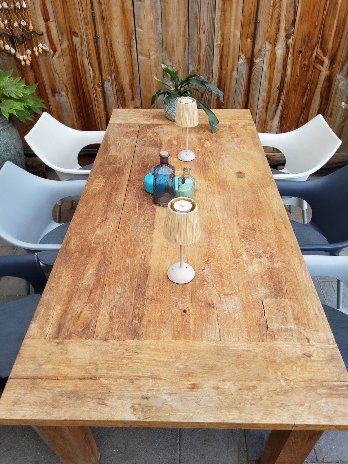 Tuintafel teak met 6 moderne tuinstoelen met kussens, Ophalen, Gebruikt, Hout