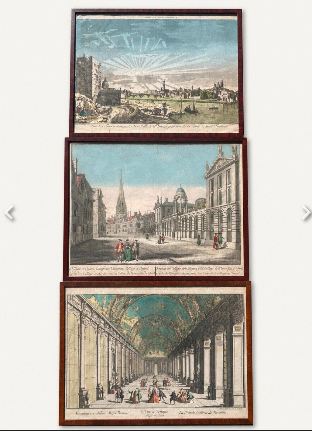 3 opticaprenten, 18e eeuws, Versailles/Florence/Oxford, Antiek en Kunst, Kunst | Etsen en Gravures, Ophalen, Architectuur, Met tekst