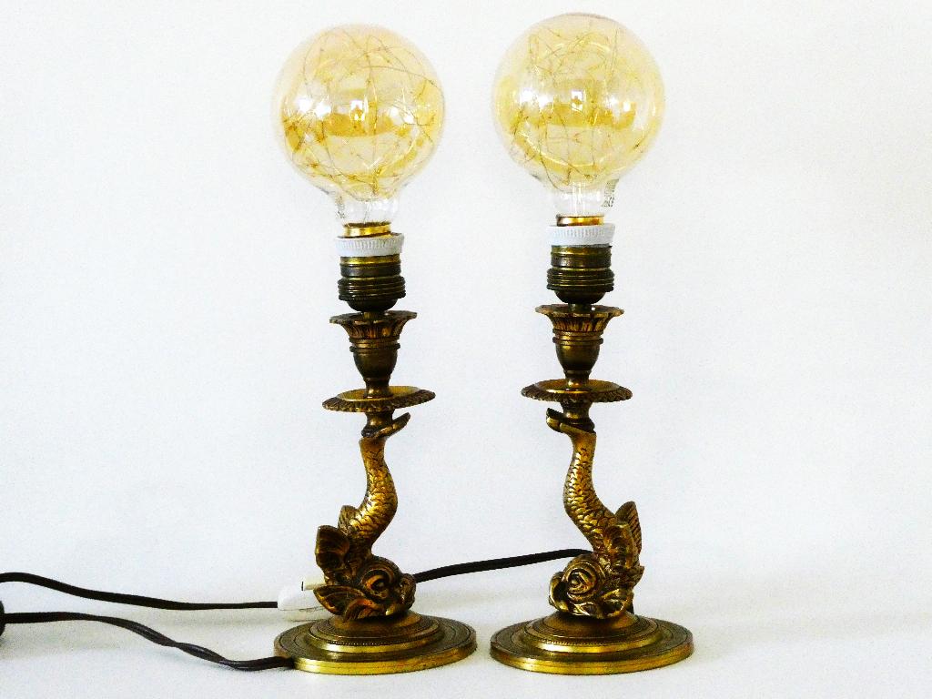 Set van 2 bronzen tafellampen schemerlamp met vis koi karper, Ophalen of Verzenden