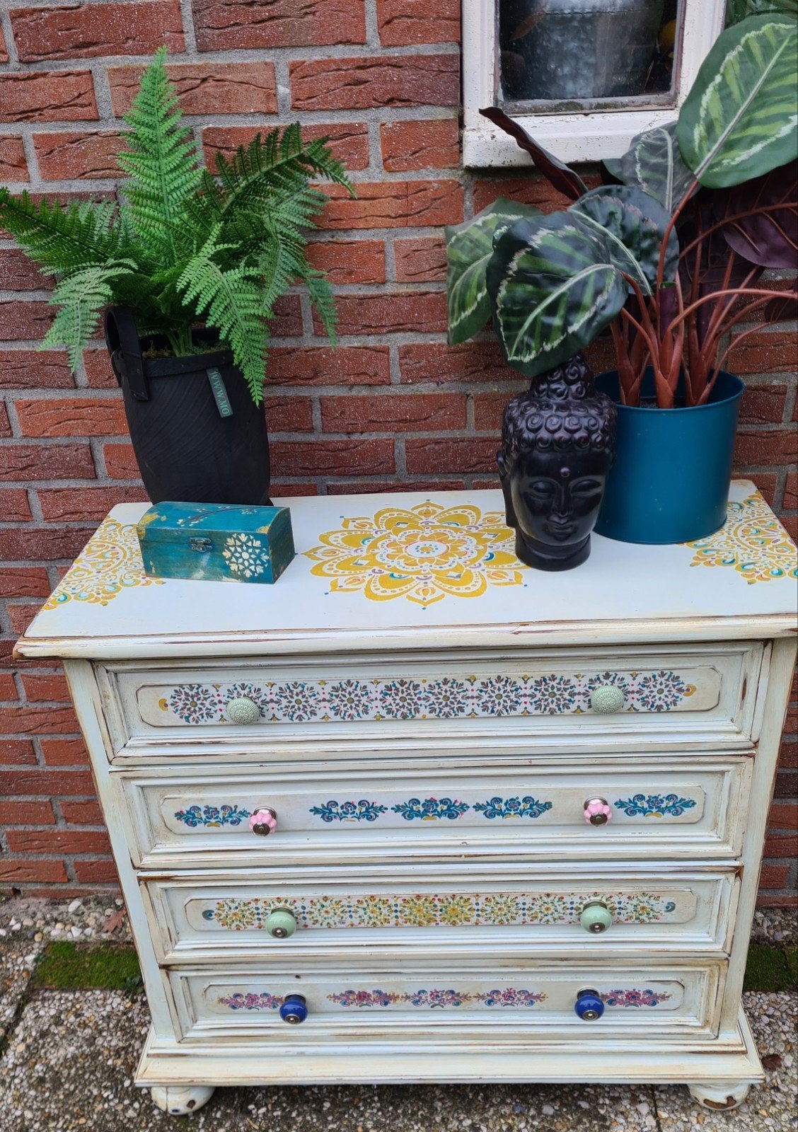 Grote ladenkast commode handbeschilderd boho shabby stijl, Ophalen, Ibiza bohemian bohostyle, 50 tot 100 cm, Zo goed als nieuw