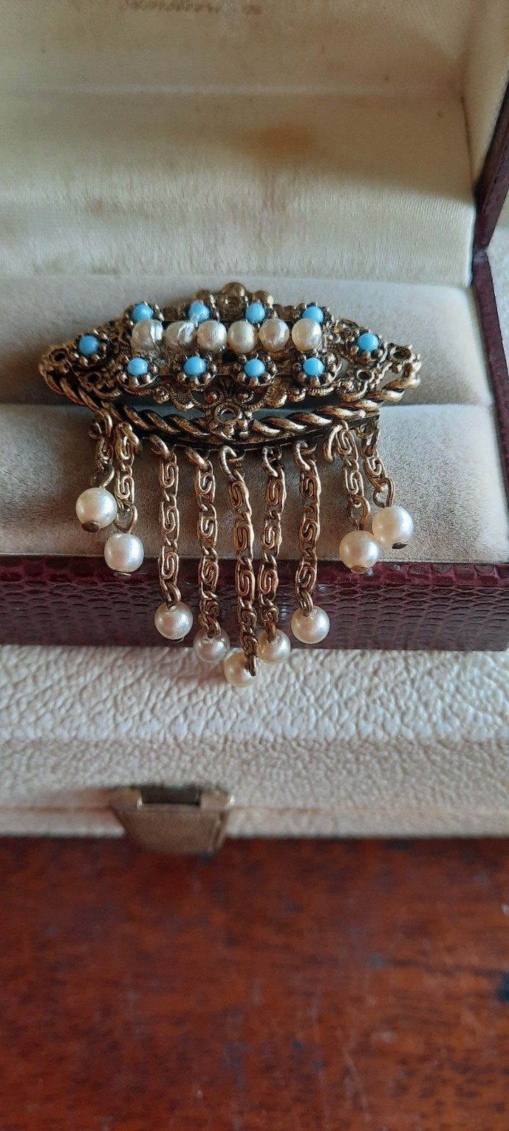 Antieke broche Neo Renaissance broche, turkoois/zaadparels., Ophalen of Verzenden, Overige materialen, Met edelsteen