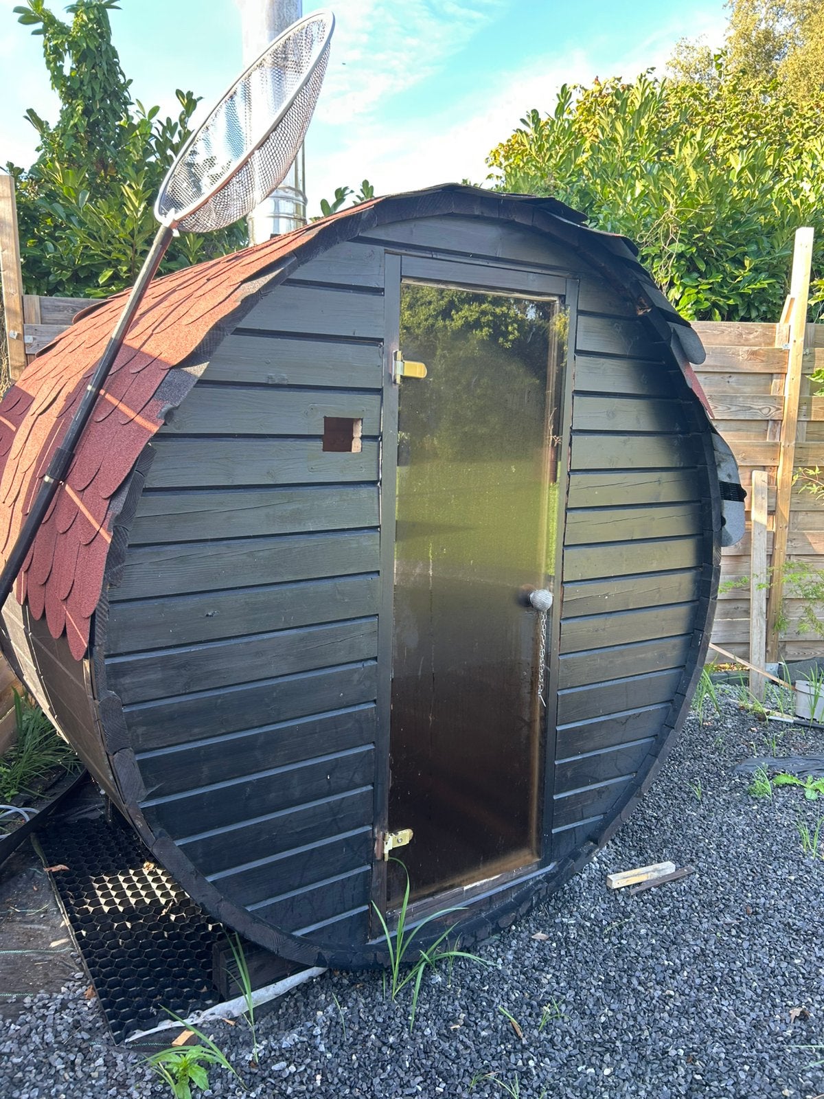 Barrel sauna compleet met kachel, Ophalen, Zo goed als nieuw, Complete sauna