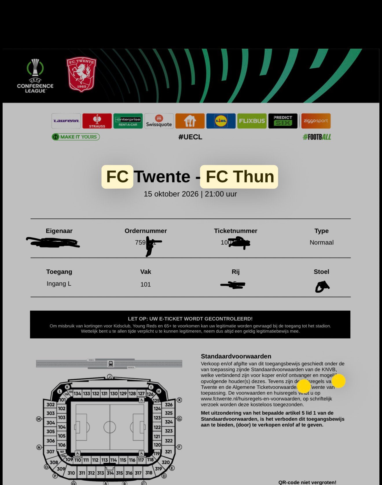 Vak P - Fc Twente - FC Thun - 1 ticket - Conference League, Losse kaart, Eén persoon, Oktober, Europa of Champions League