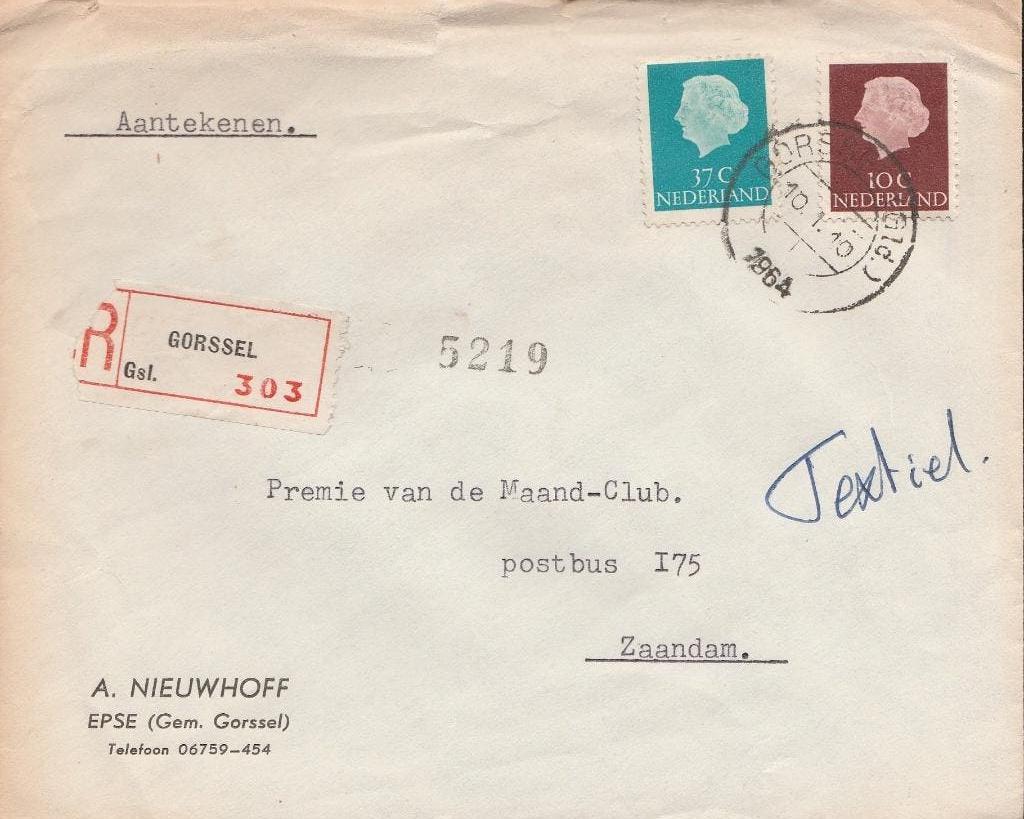 EPSE gem. GORSSEL) 1964 afz A. NIEUWHOFF aangetekend, Ophalen of Verzenden, 1960 tot 1980, Gelopen, Gelderland