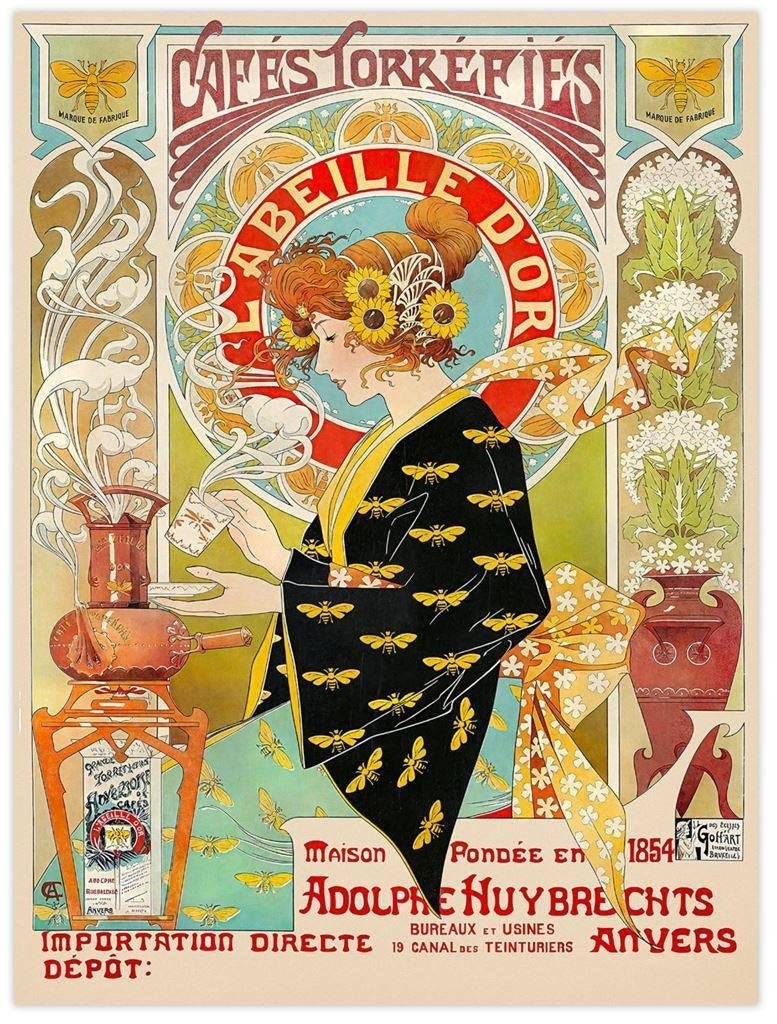 Zeldzame Art Nouveau Gulden Bie Koffie Crespin Poster, Verzenden, Nieuw, Reclamebord