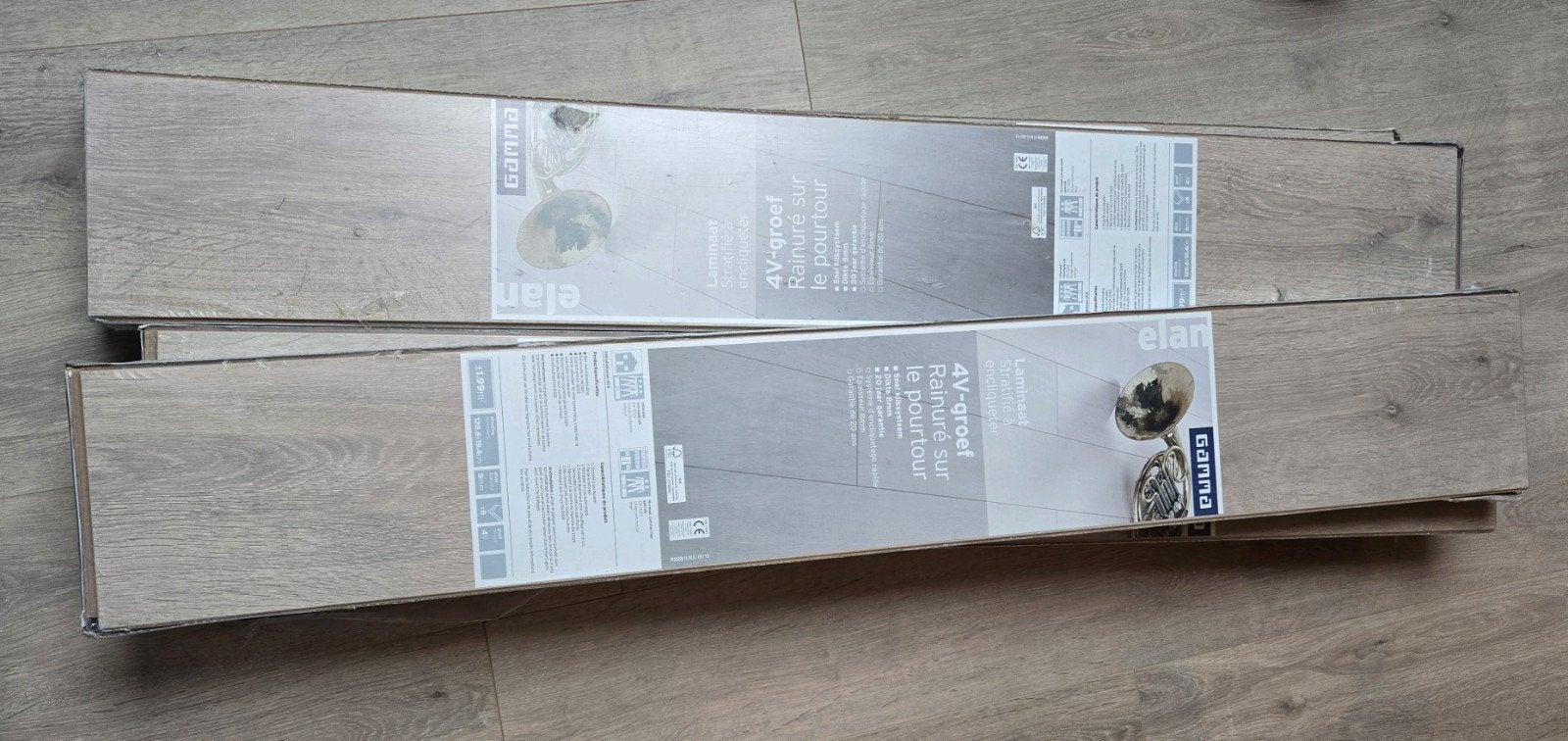5 verpakkingen Elan laminaat, 4V-groef, grijs eiken, Ophalen, 30 cm of meer, 50 tot 150 cm, Nieuw