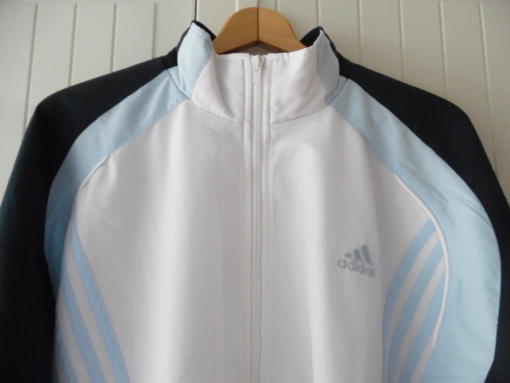 Adidas zgan trainingsjack maat 46-48 wit/ twee kleuren blauw, Wit, Ophalen of Verzenden, Zo goed als nieuw, Adidas