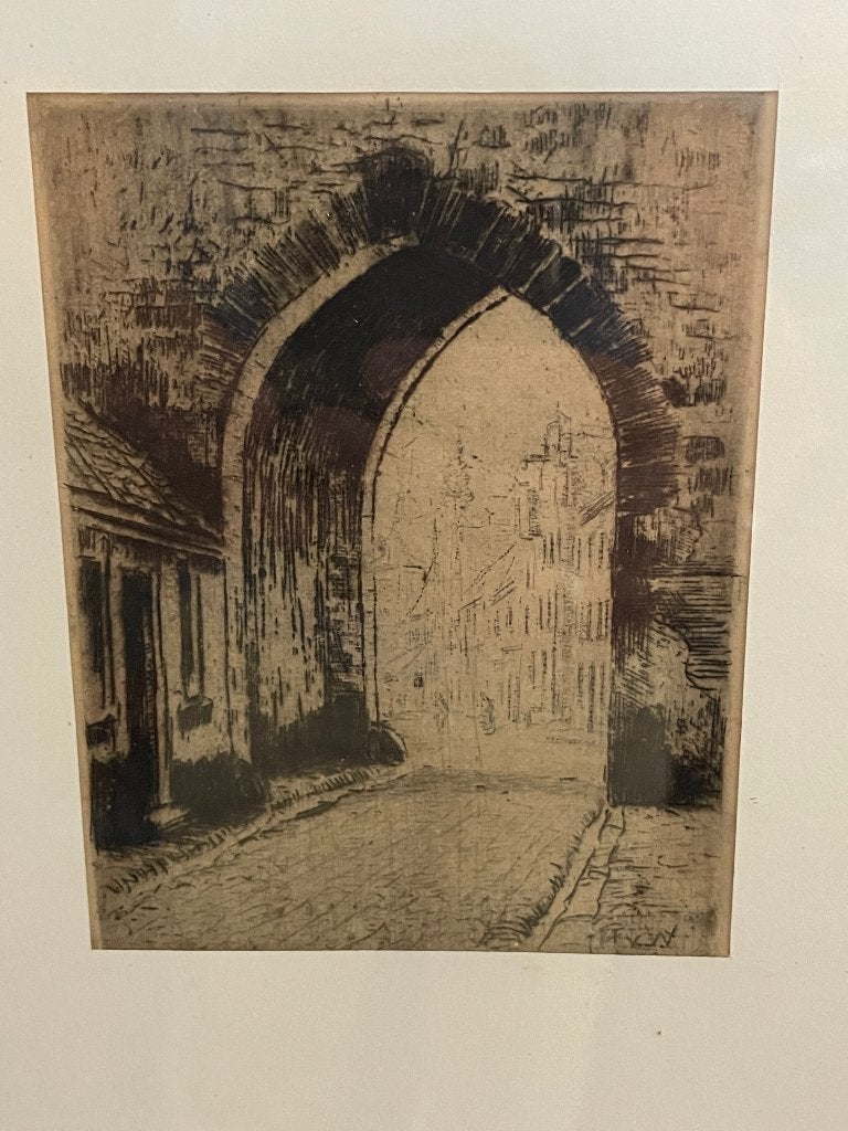 Martin van Waning - ets Stadspoort in originele lijstje, Ingelijst, Ets, Stadsgezicht, Ophalen of Verzenden