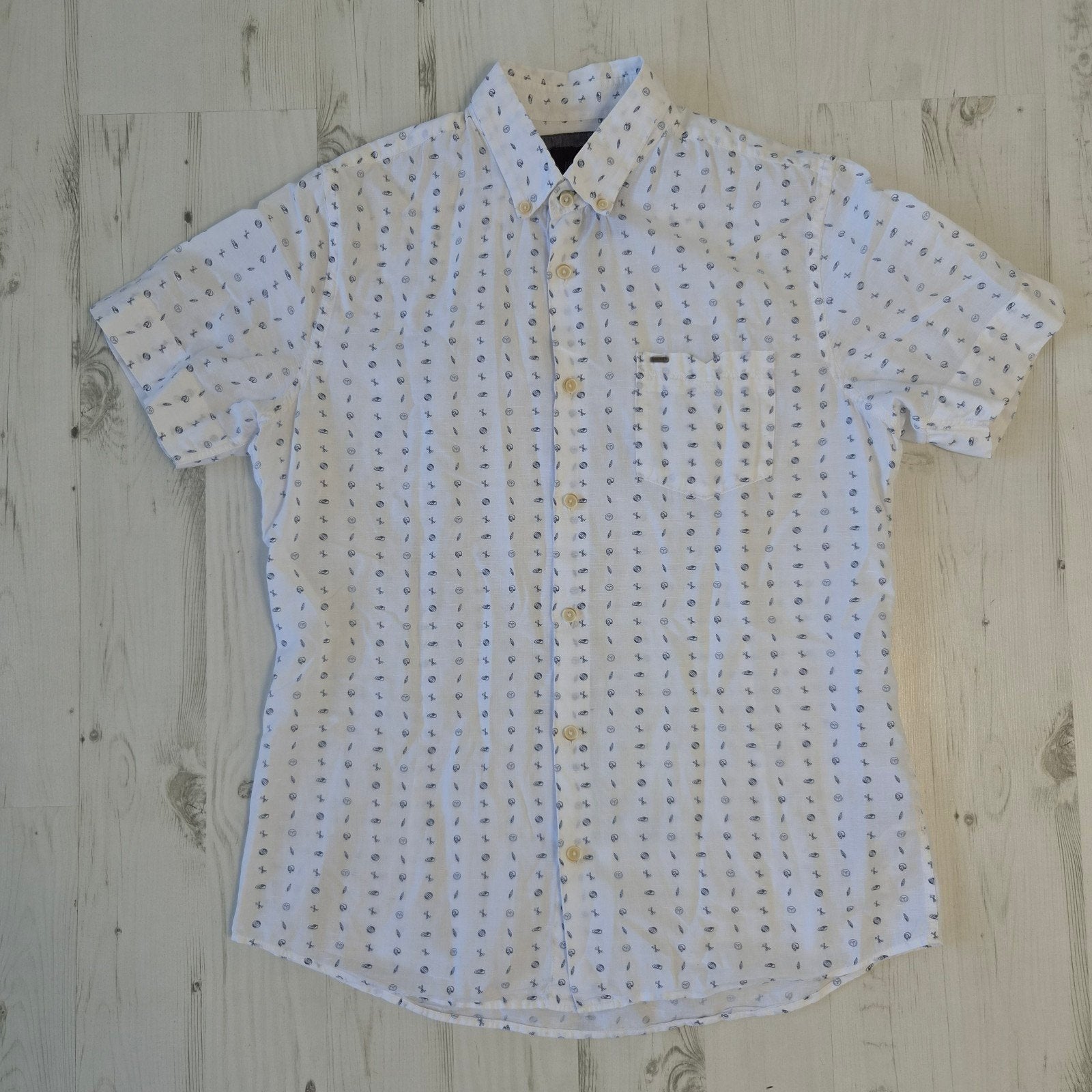 Vanguard linnen overhemd korte mouwen M wit met blauwe print, Wit, Zo goed als nieuw, Vanguard, Halswijdte 39/40 (M)