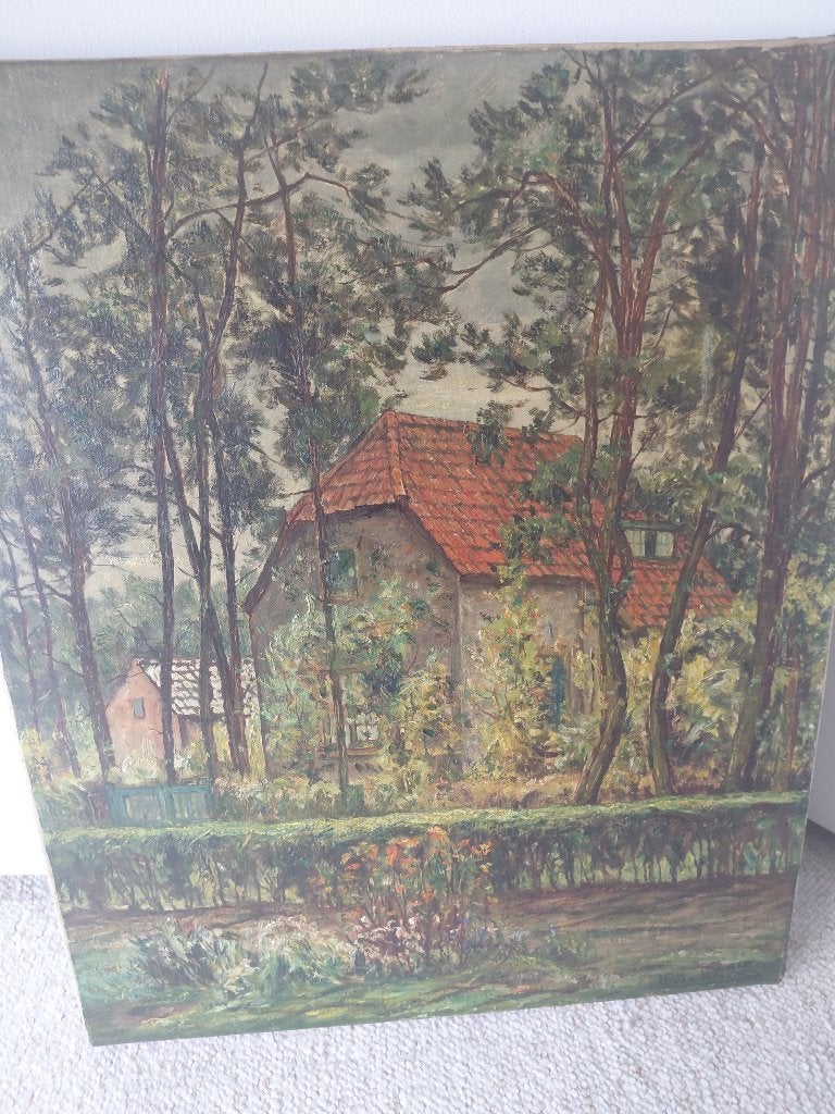 Schilderij van landhuis met bomen, olieverf op doek, Antiek en Kunst, Kunst | Schilderijen | Klassiek, Doek, Realistisch, Ophalen of Verzenden