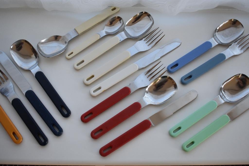 Mepal mes lepel vork lepeltje groen blauw wit rood geel, Ophalen of Verzenden, Gebruikt