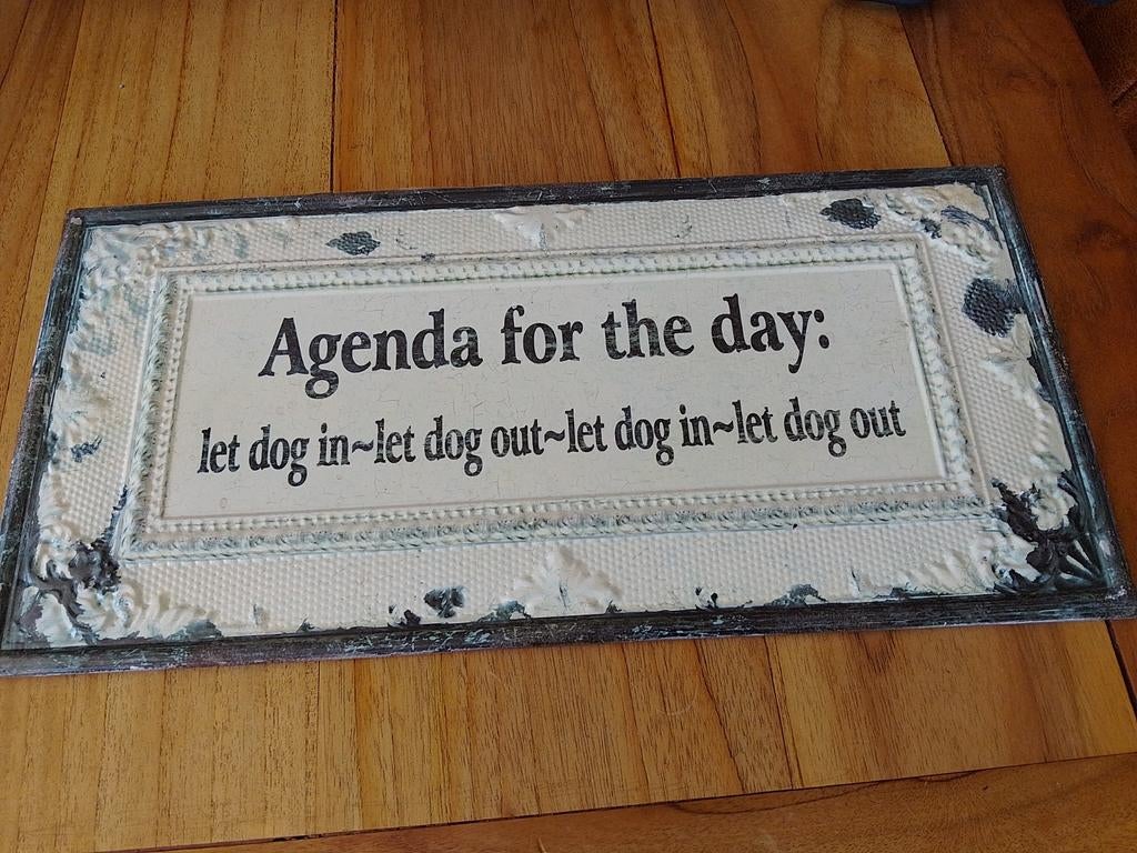 Decoratief bord 'Agenda for the day: let dog in/out', Huis en Inrichting, Woonaccessoires | Overige, Gebruikt, Metaal, Wit, Vintage