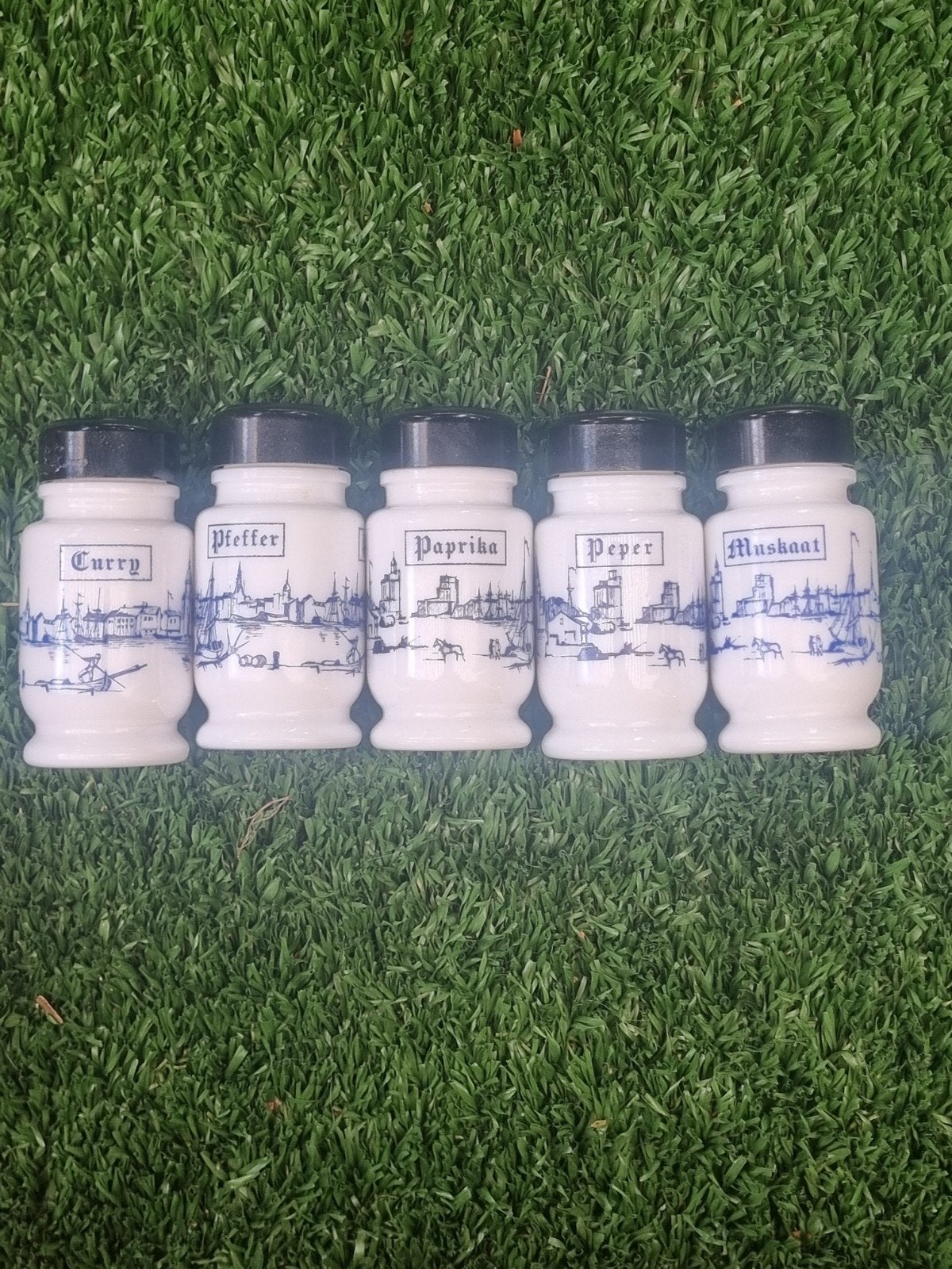 Set van 5 vintage kruidenpotjes met Delfts blauw decor ( d1), Ophalen of Verzenden