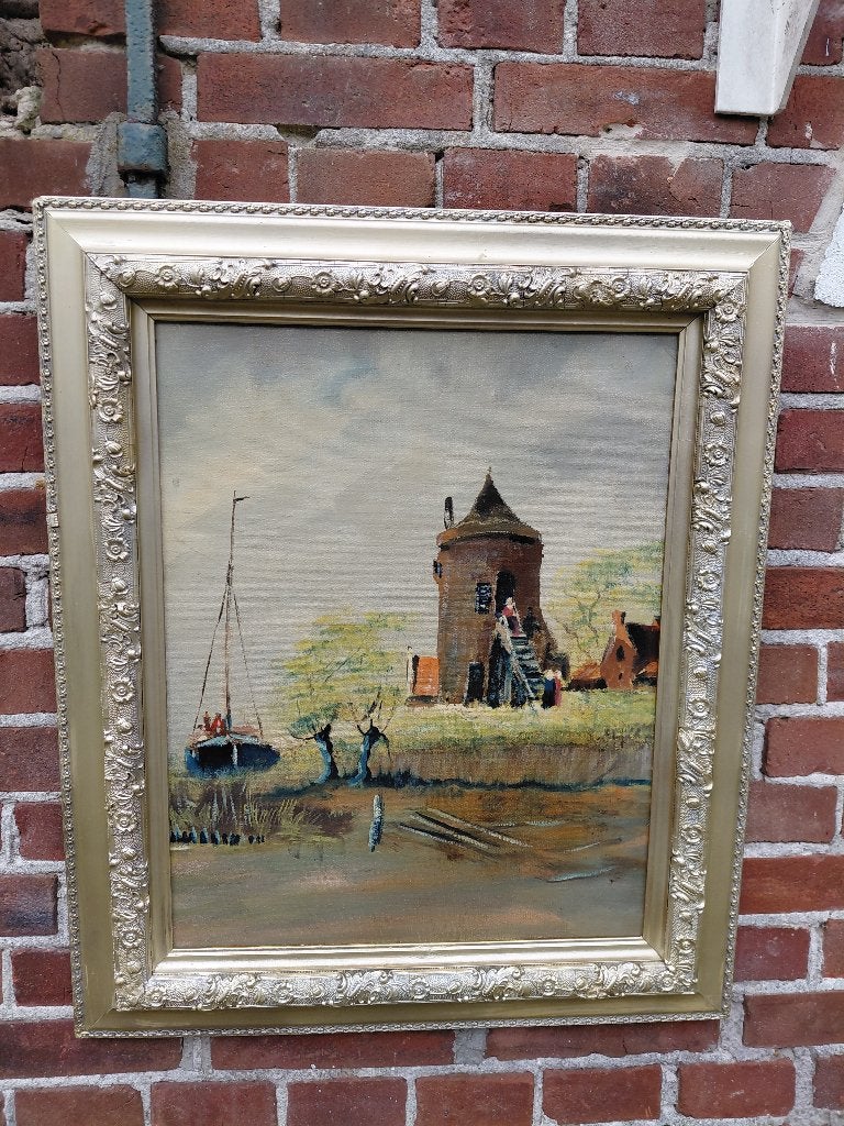 Schilderij landschap met toren en aangemeerde botter., Ophalen, Paneel, Oud hollands, Bijzondere lijst