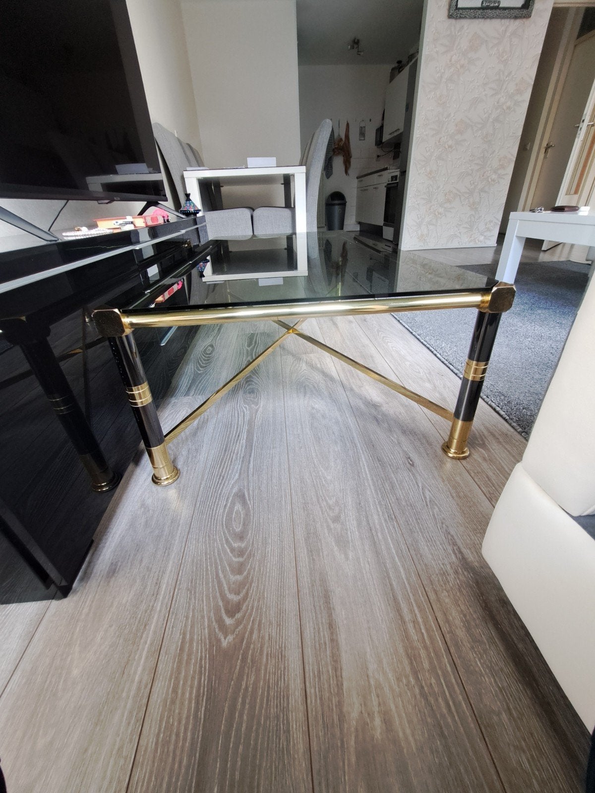 Mooie glazen eettafel met gouden accenten, Ophalen of Verzenden, Gebruikt, Glas