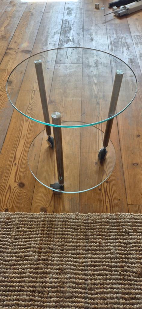 Glazen salontafel met metalen poten, Minder dan 45 cm, Minder dan 55 cm, Gebruikt, Rond