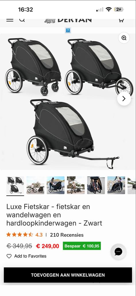 Luxe Fietskar - Kinderkar en Wandelwagen Zwart, Fietsen en Brommers, Fietsaccessoires | Aanhangers en Karren, Ophalen, Nieuw, Kinderkar