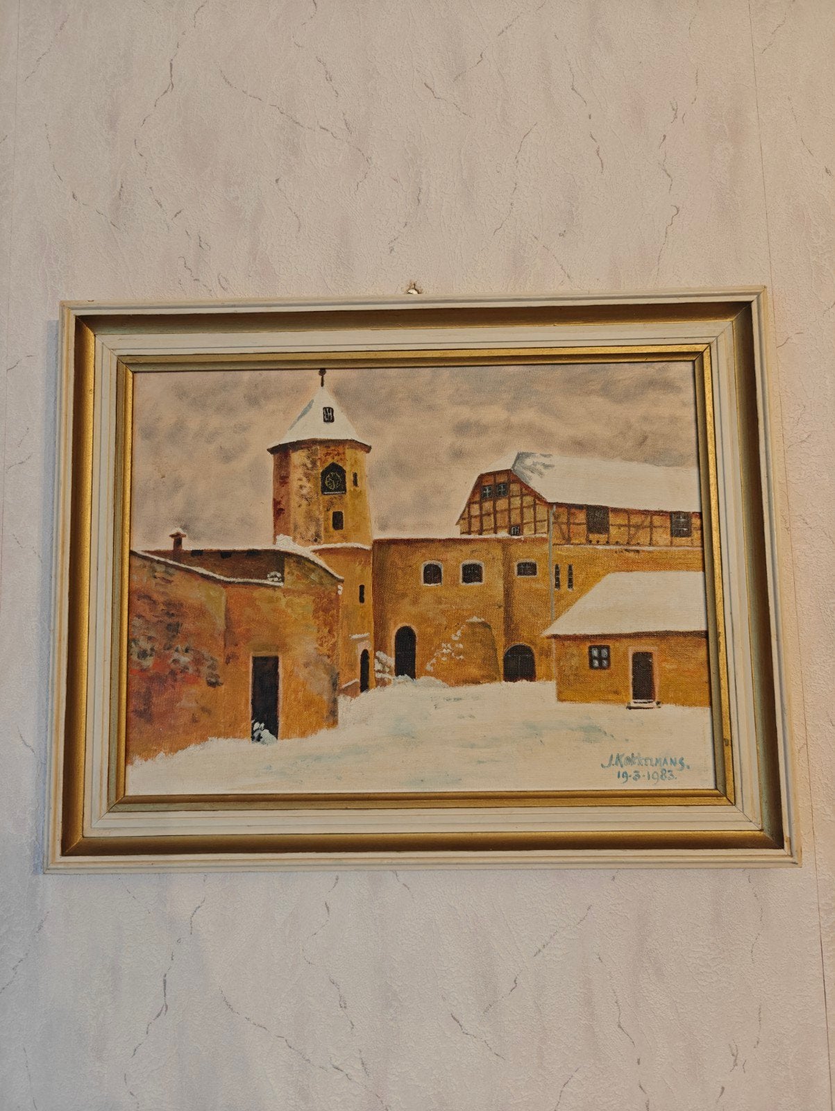 Schilderij Kasteel in Sneeuw - Gesigneerd en Gedateerd, Ophalen of Verzenden
