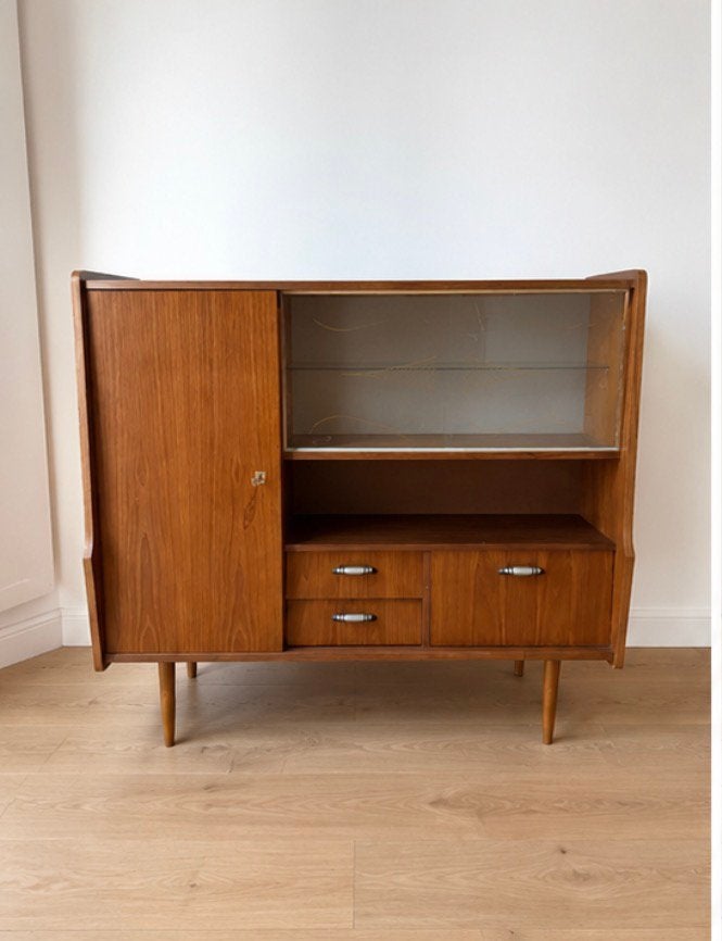 Vintage Gebr. Verhoeff highboard/vitrinekast Model AFRO142, Vintage, 100 tot 150 cm, Ophalen of Verzenden, Zo goed als nieuw