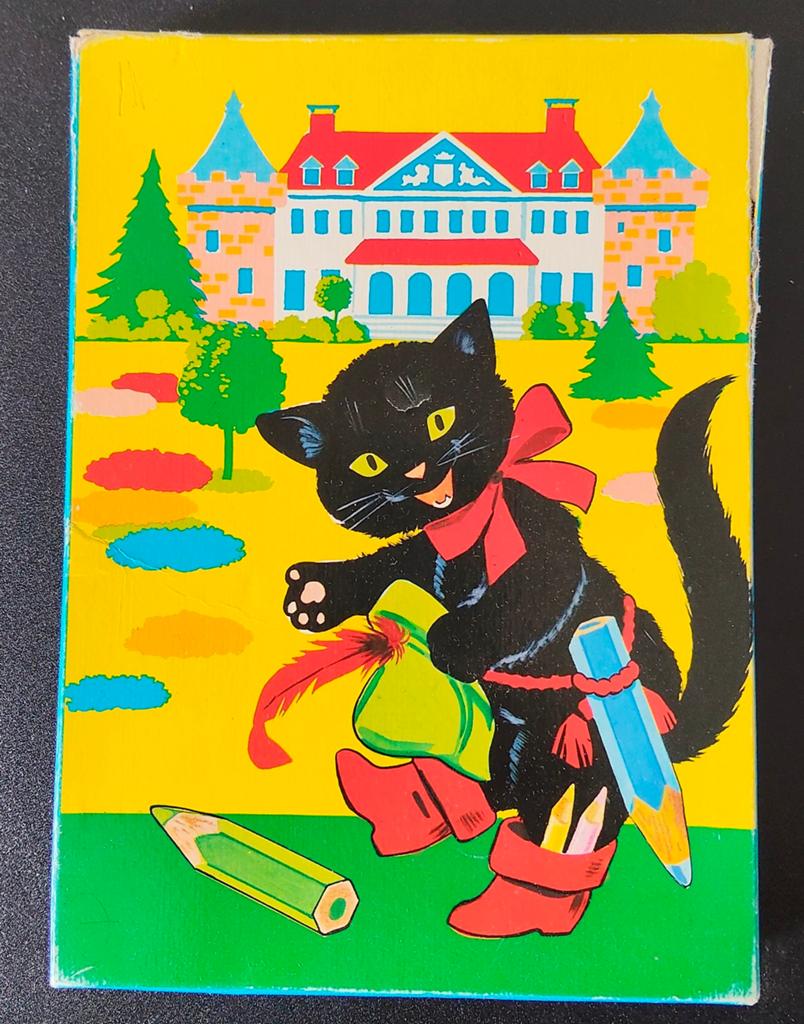 Vintage Tom Tas Houten Puzzel - Kat met Laarzen (17x24cm), Gebruikt, 10 tot 50 stukjes, Ophalen of Verzenden, Van hout