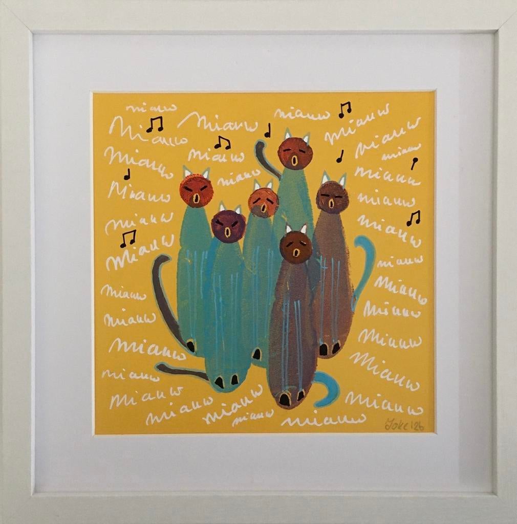 Schilderijtje “Kattenkoor Miauw”, Ophalen of Verzenden, Minder dan 50 cm, Schilderij