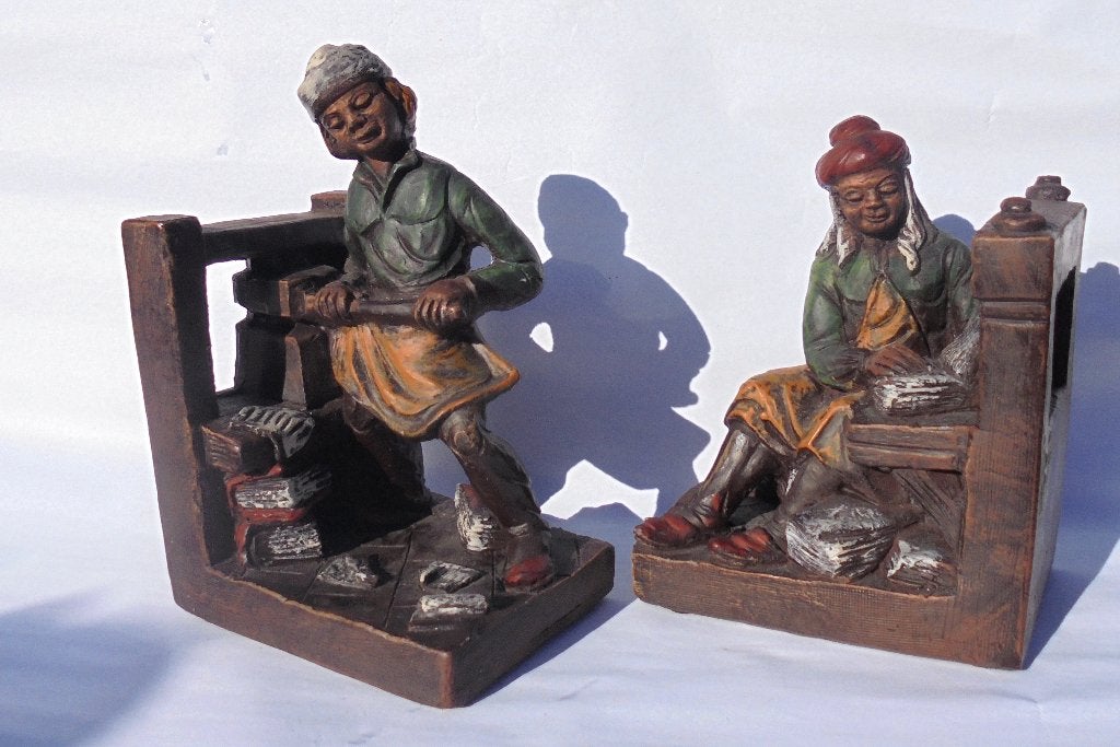 Mooie set boekensteunen twee BOEKDRUKKERS gemerkt: PERKO., Antiek en Kunst, Kunst | Litho's en Zeefdrukken, Portret en Figuren