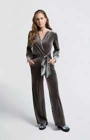 YAYA grijs velvet jumpsuit met lange mouwen en strikceintuur, Maat 38/40 (M), Nieuw, Ophalen of Verzenden, Yaya