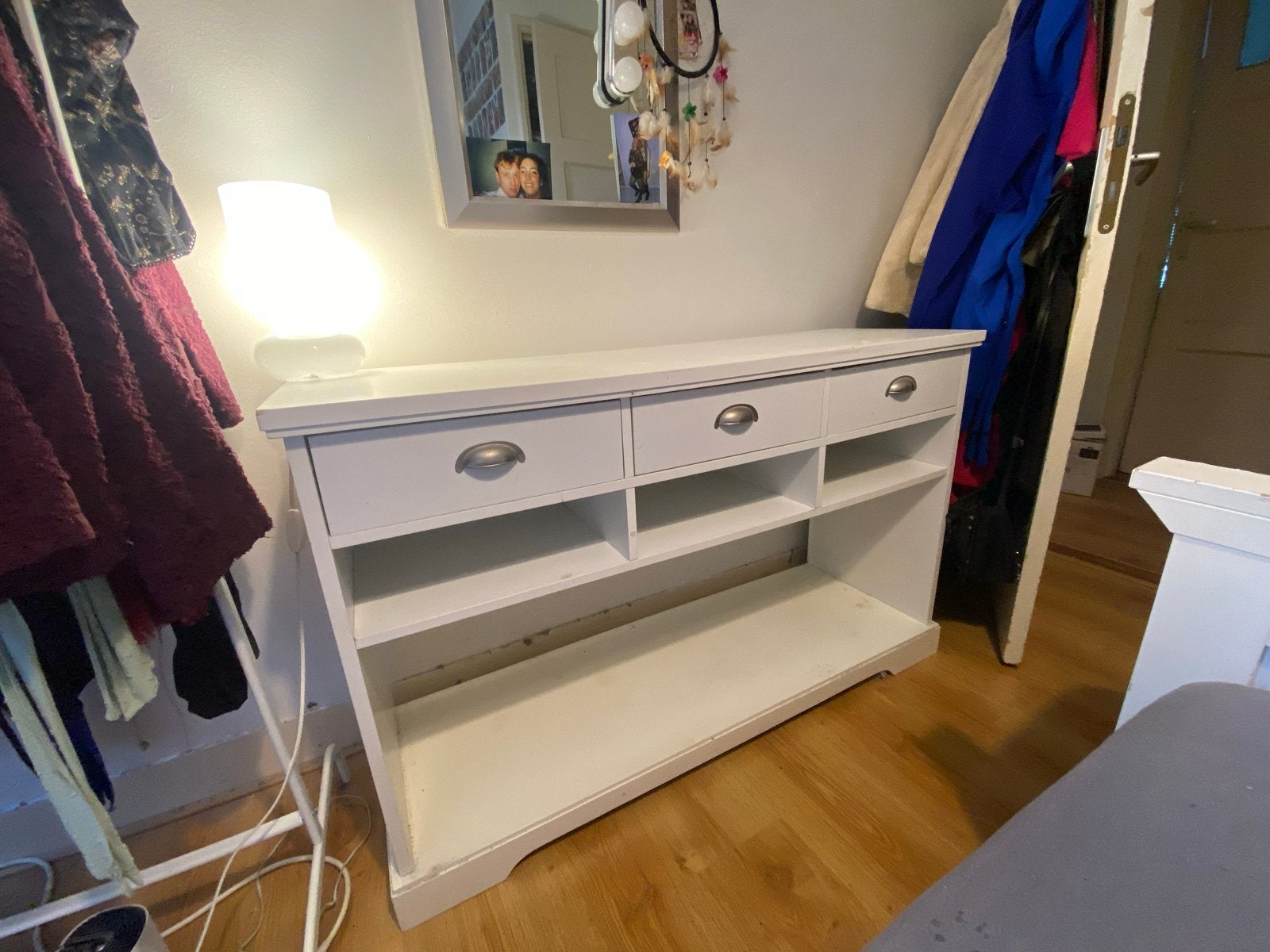 Wit dressoir / make-up tafel met lades en planken, Ophalen, Gebruikt, 100 tot 150 cm, Met lade(s)