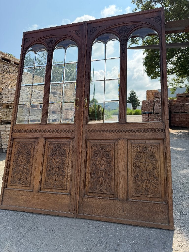 Set openslaande eiken deuren met glas in koper 236x188cm., Ophalen