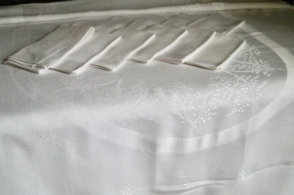 Oud vintage fijn katoenen witte tafellaken met servetten, Ophalen of Verzenden