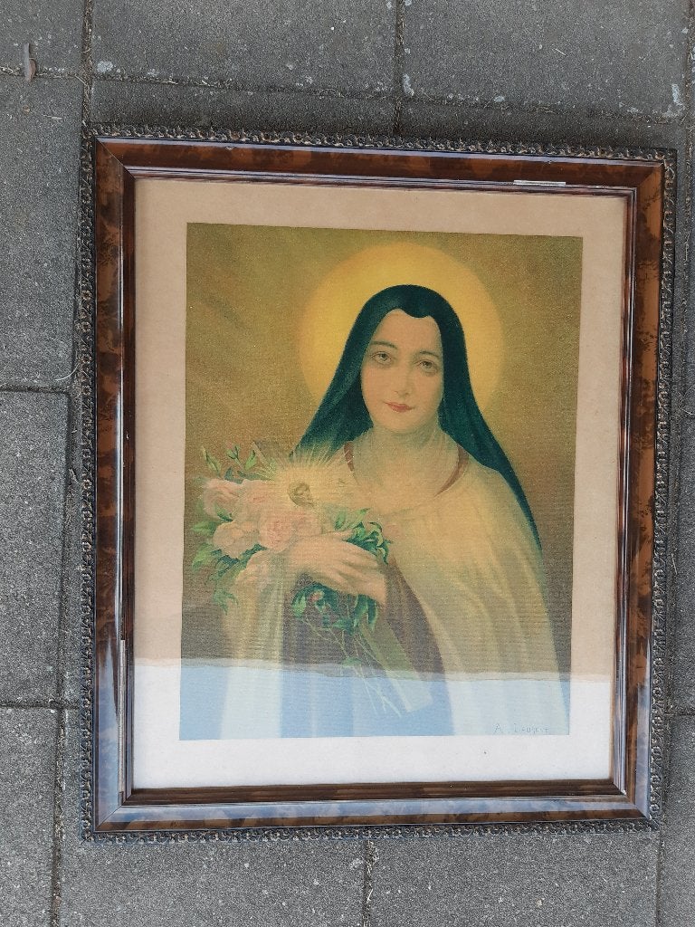 Religieuze prent Theresia van Lisieux in notenhouten lijst, Antiek en Kunst, Antiek | Religie, Ophalen