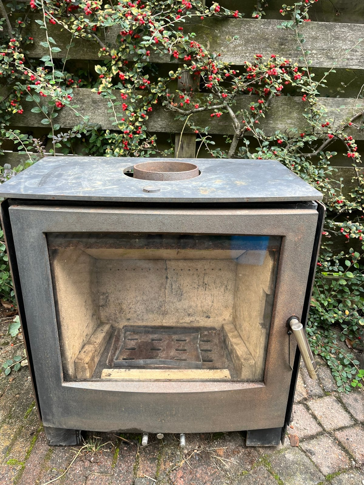 vrijstaande houtkachel met groot glazen front., Ophalen, Gebruikt, Hout, Houtkachel