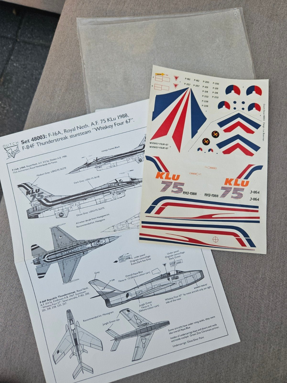 Decal Set F-16A & F-84F KLu 75 jaar '88/'67, Hobby en Vrije tijd, Modelbouw | Vliegtuigen en Helikopters, Ophalen of Verzenden