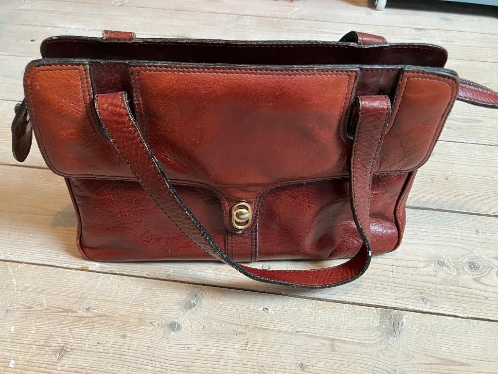 Echt vintage leren tas bordeaux rood bruin chique tas, Ophalen of Verzenden, Gebruikt, Rood, Handtas