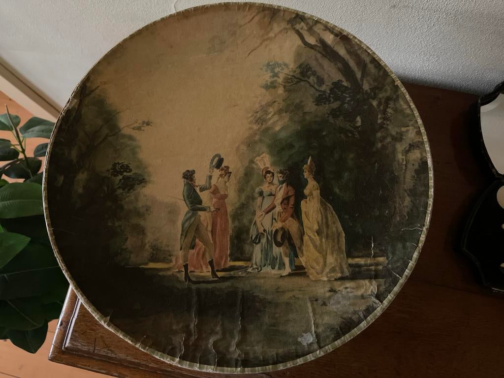 Antieke hoedendoos met romantische afbeelding, Ophalen of Verzenden