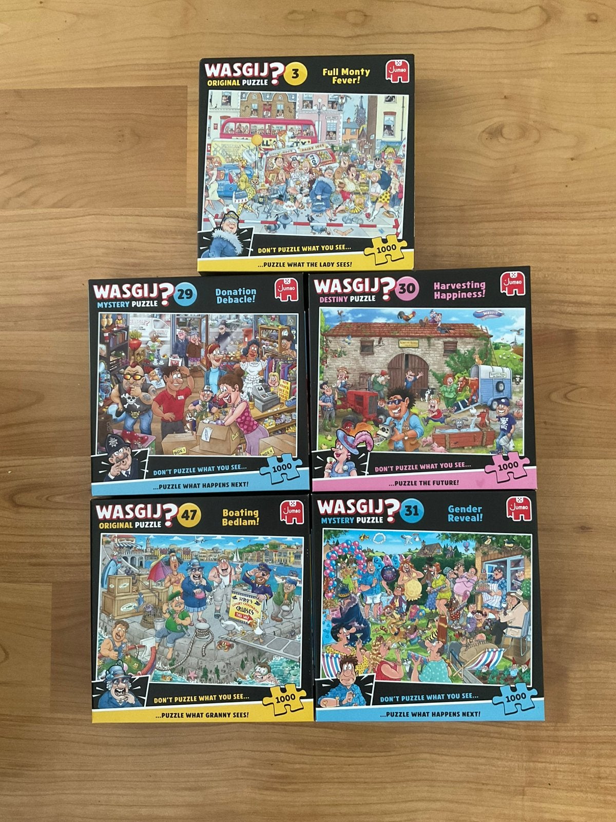 5 Wasgij puzzels van 1000 stukjes, Ophalen, 500 t/m 1500 stukjes, Zo goed als nieuw