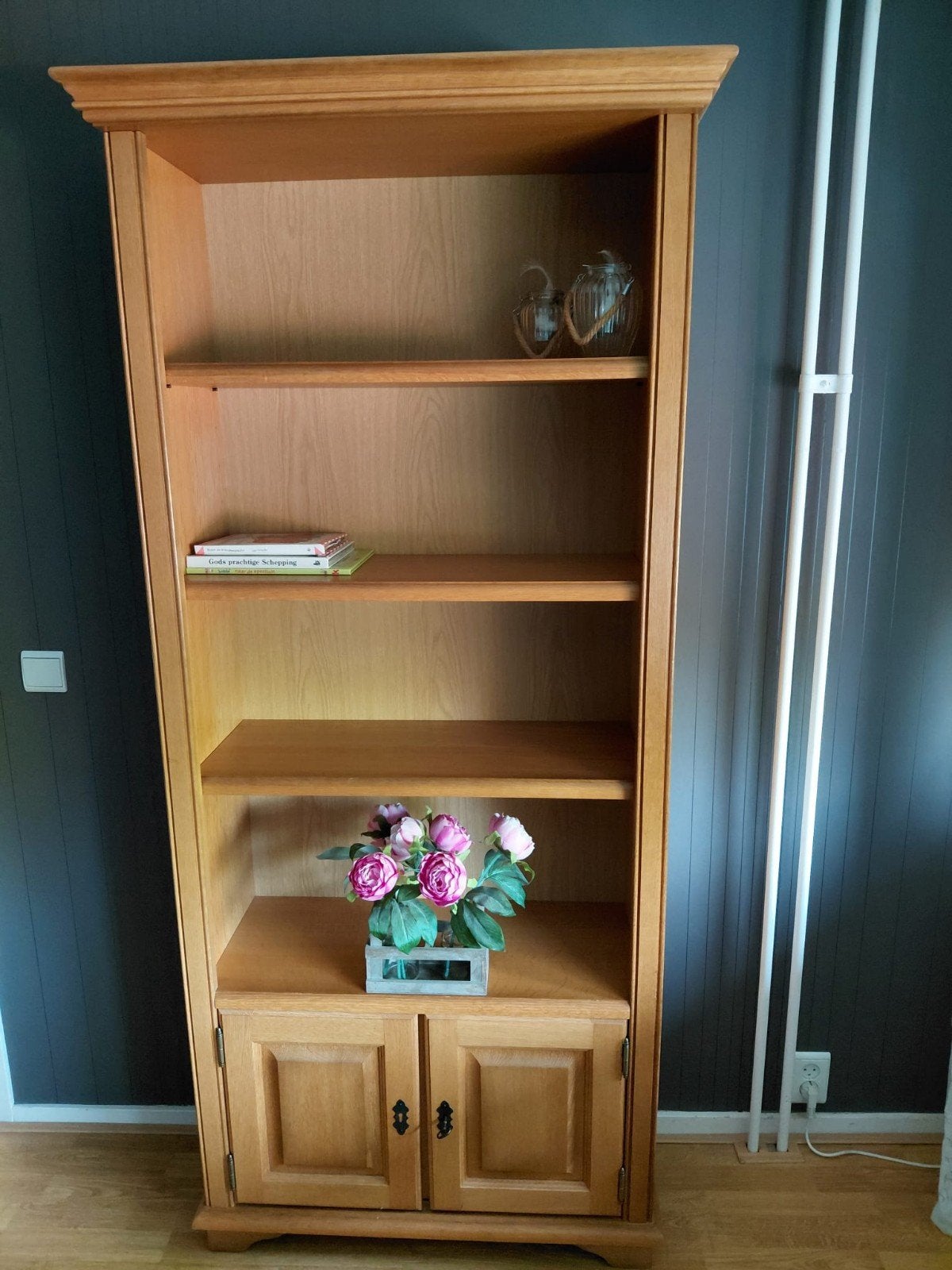 Blank eiken patine boekenkast met 2 kastjes onderin, Ophalen, 200 cm of meer, Eikenhout, 50 tot 100 cm
