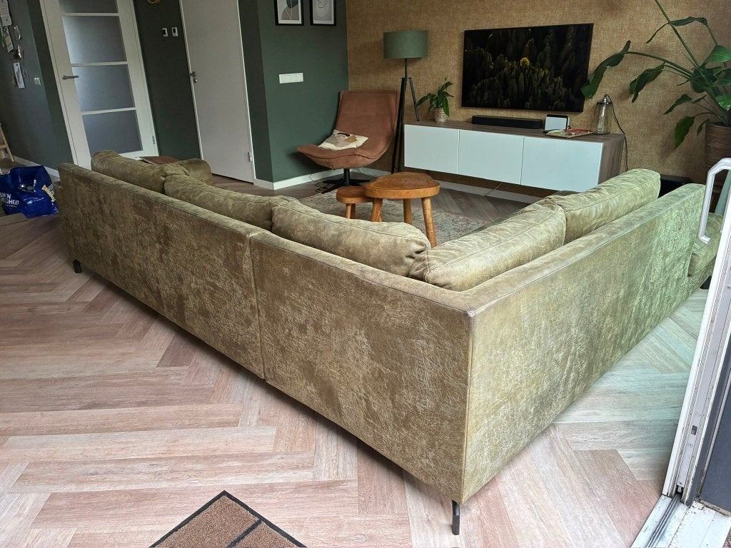 Groene leren hoekbank, Ophalen, Gebruikt, 100 tot 125 cm, Hoekbank