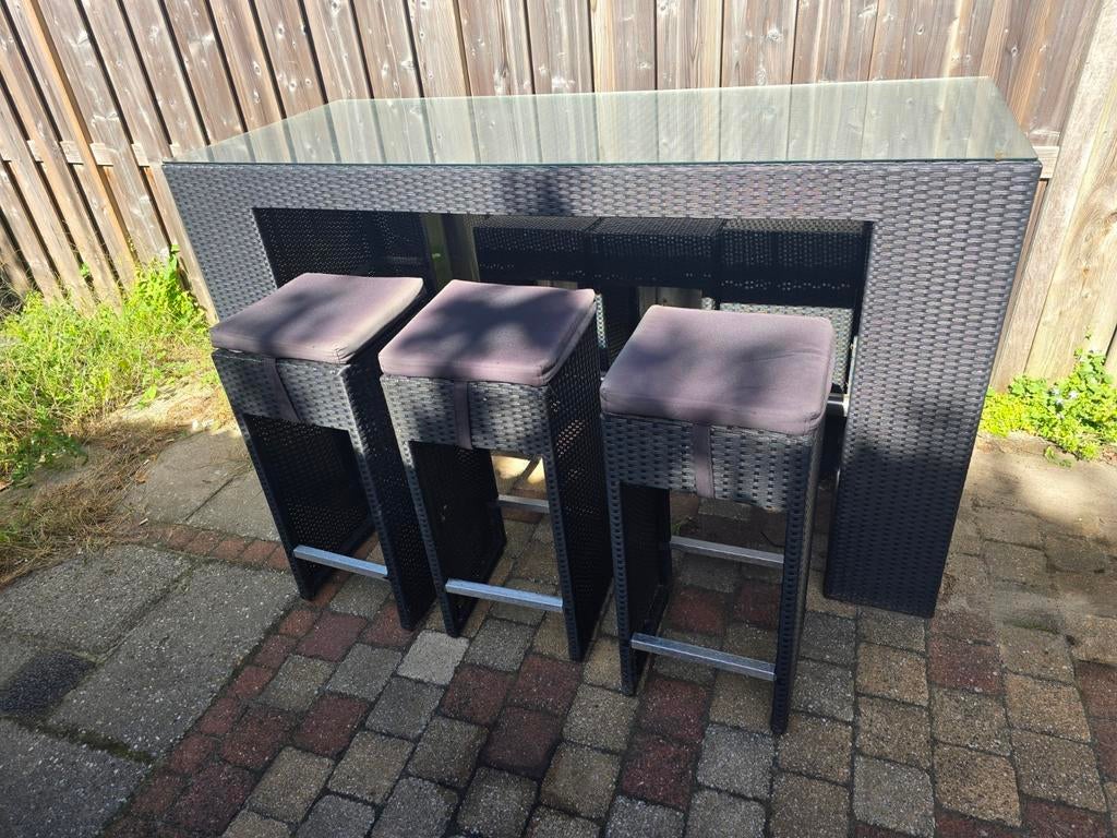 Tuin bartafel met 6 krukjes, kussens & koelbox, Tuin en Terras, Ophalen, Gebruikt, Rechthoekig, Wicker