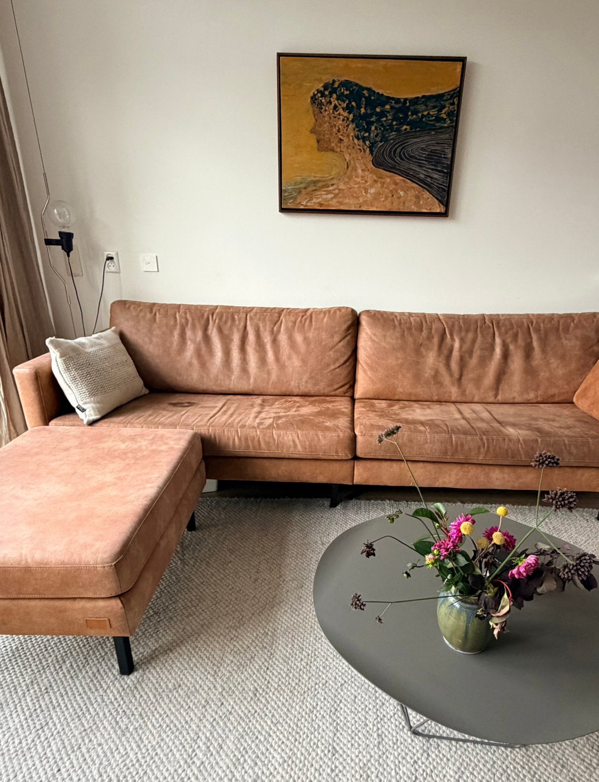 Stoere leren (hoek) bank met poef, Ophalen, Gebruikt, Leer, Modern