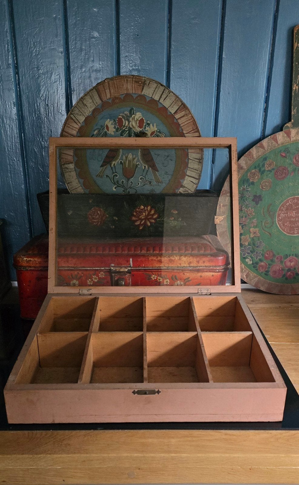 Oude houten theedoos vakkenkist met glazen deksel, Ophalen of Verzenden