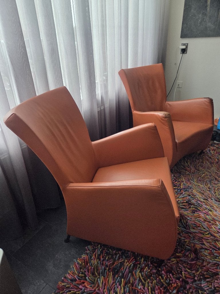 2 Montis Windy fauteuils - Tomato/Oranje leer, Ophalen, Gebruikt, Minder dan 75 cm, Design